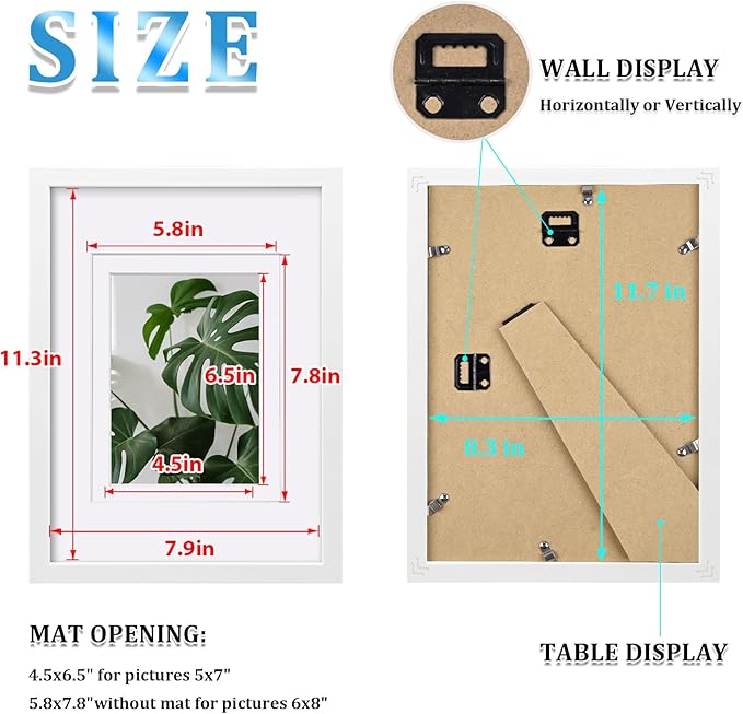 Egofine A4 Picture Frame White Covered by Plexiglass Made of Solid Wood, Display Pictures 4x6/6x8 with Mat or A4 Without Mat for Table Top and Wall Mounting