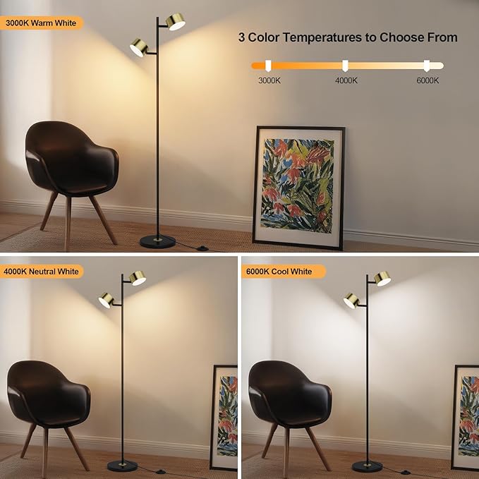 LED Floor Reading Lamp with 3 Color Temperatures, Adjustable Heads Standing Lamp for Living Room Bedroom Office, Minimalist Floor Lamp with Foot Switch, Black