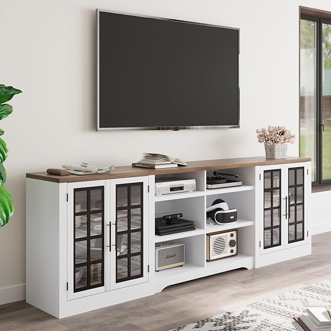 94.5 inch TV Stand for TVs up to 100", Entertainment Center Console Table with Closed Storage Cabinet and 3-Tier Open Shelves, Farmhouse TV Console for Living Room, White