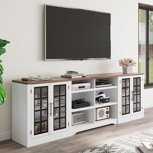 94.5 inch TV Stand for TVs up to 100", Entertainment Center Console Table with Closed Storage Cabinet and 3-Tier Open Shelves, Farmhouse TV Console for Living Room, White
