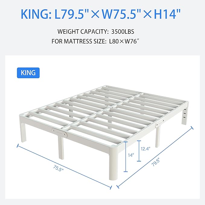 White King Size Bed Frame 14 Inch, Metal Camas King Bed Frame No Box Spring Needed, Heavy Duty Steel Support 3500 LBS, DIY Headboard, Noiseless, Round Corner Legs, Storage Space, Easy Assembly
