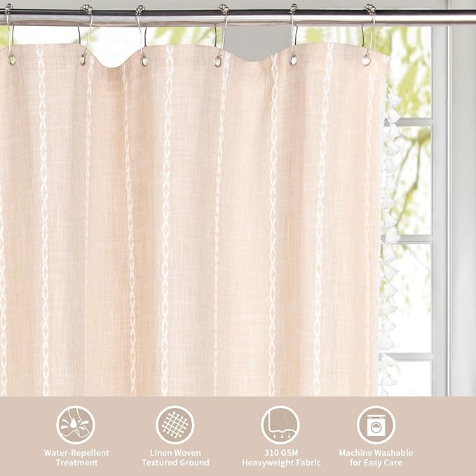 MitoVilla Beige Boho Long Shower Curtain 72 x 78, Cream Farmhouse 78 inch Long Polyester Linen Fabric Shower Curtains with Tassel for Chic Cottagecore French Country Bathroom Decor
