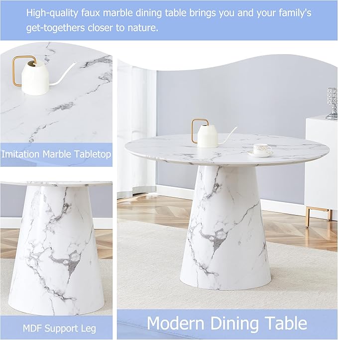 45 Inch Round Dining Table Set for 6, 7 Piece Kitchen Table and Chairs Set, White Faux Marble Table Top, Small Space Dining Set for Apartment or Dining Room
