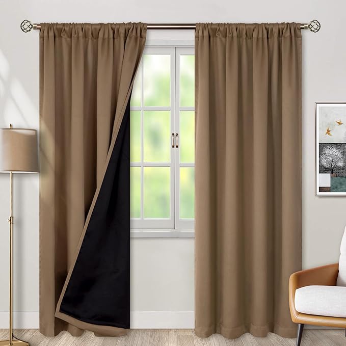 BGment 100% Room Darkening Thermal Insulated Blackout Curtains 84 Inches Long with Liner, Rod Pocket and Back Tab Double Layer Noise Cancelling Curtains for Bedroom (42 x 84 Inch, 2 Panels, Taupe)
