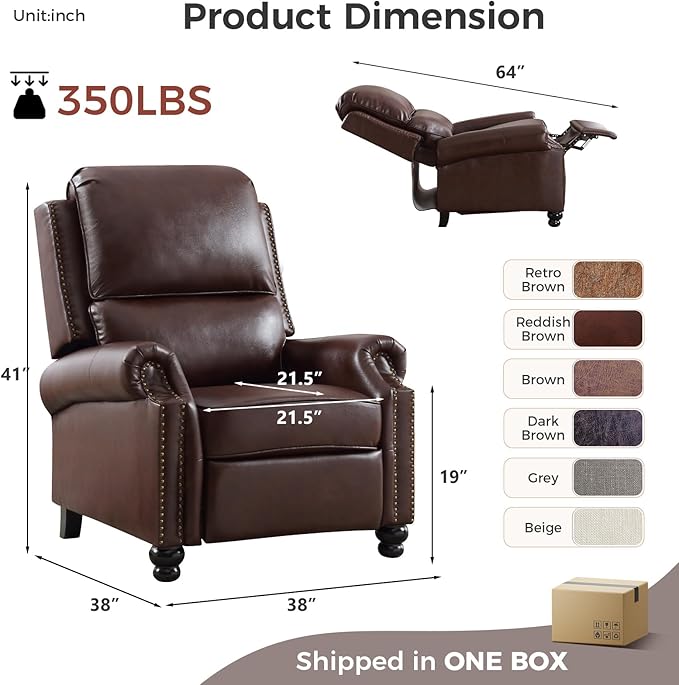 ANJ Push Back Recliner Chair, Textured Leather Overstuffed Wingback Recliner, Adjustable Pushback Chair with Padded Seat and Back, Single Reclining Sofa for Living Room, Bedroom(Dark Brown)