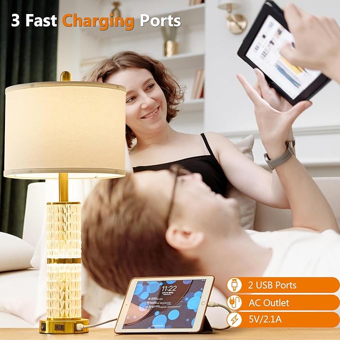 Crystal Table Lamp Set of 2, Modern Touch Lamp with Nightlight, 3-Way Dimmable Bedroom Lamp with 2 USB Ports & AC Outlets for Living Room Bedside Nightstand Lamp