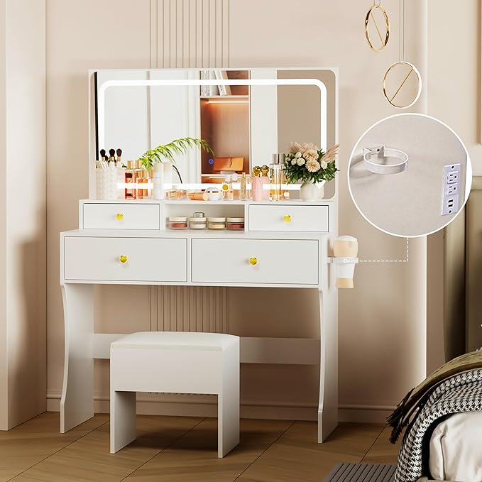 Pamapic Vanity Desk with Mirror and Lights,4 Drawers Golden Handles Makeup Vanity with Storage Stool,Power Outlet,3 Lighting Modes,Silent Slides