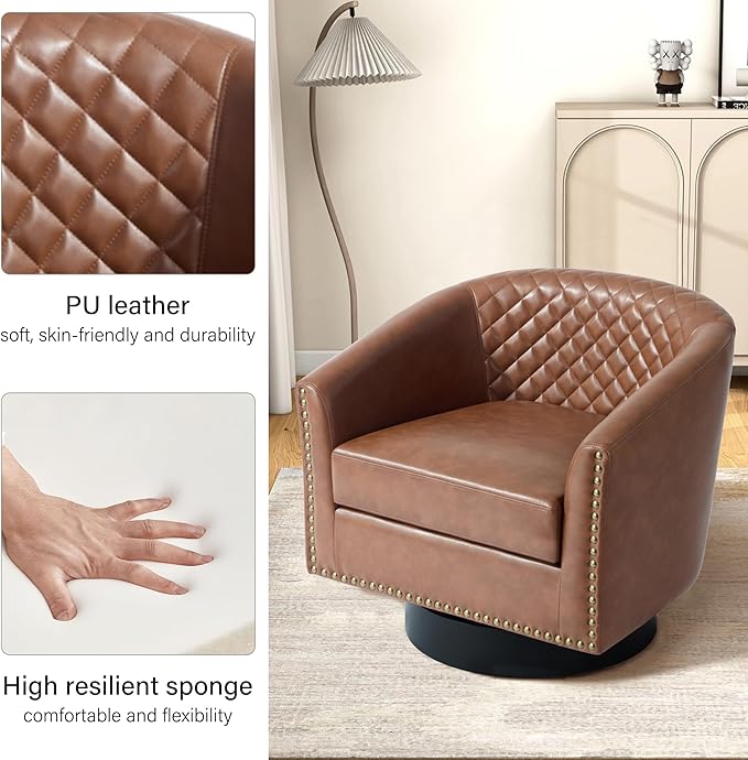 Swivel Barrel Accent Chair, Comfy Modern Upholstered Round Faux Leather Arm Chair for Living Room, Bedroom（Brown, Set of 2