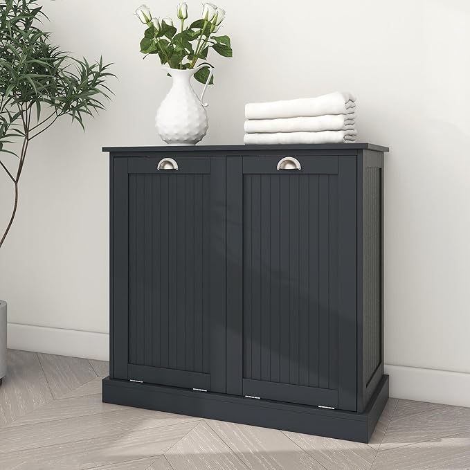 Tilt Out Laundry Hamper Cabinet with Removable Basket, Double Hidden Laundry Hamper Cabinet, Wood Bathroom Storage Cabinet, Free Standing Home Organizer, (Black)