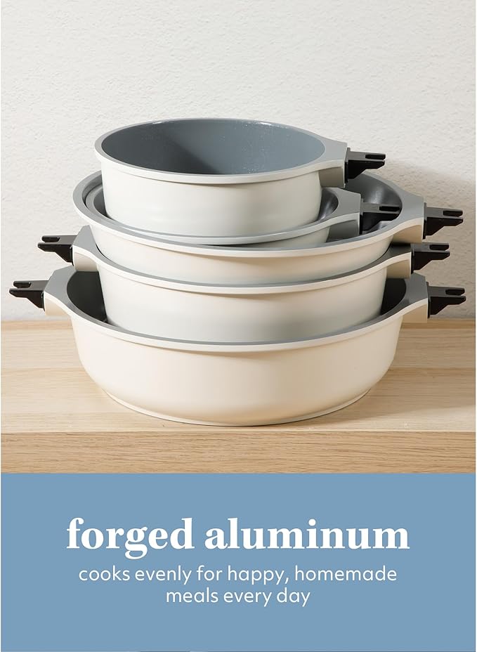 Sur La Table Kitchen Essentials 13 Piece Detachable Handle Pots and Pans Premium PFA Free Premium Ceramic Non Stick Induction Safe and Secure Removable Handle Cookware Set - Eggshell White