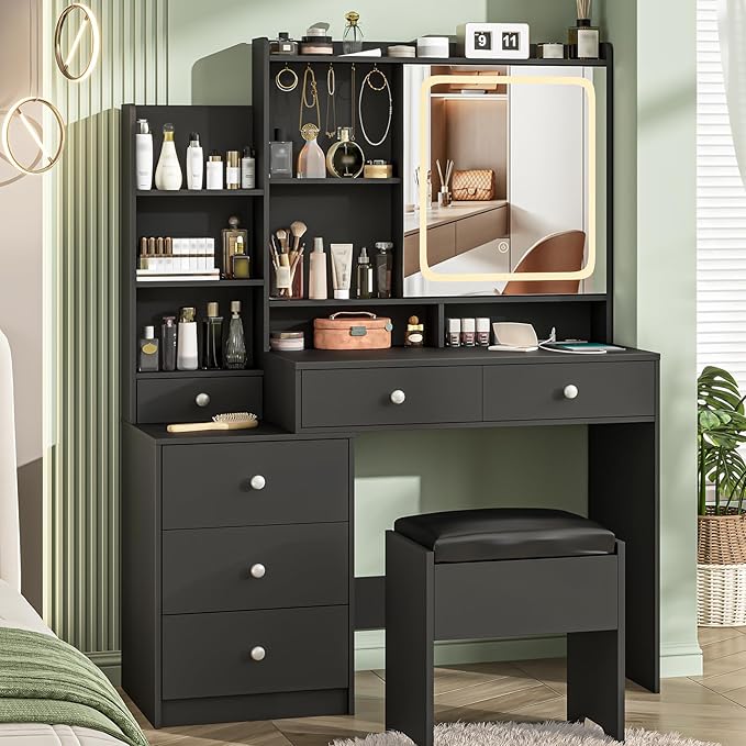 Vabches Makeup Vanity with LED Lights Mirror and Charging Station, Vanity Desk with Multiple Shelves and Drawers, Makeup Desk with Stool, Dressing Desk with 3 LED Light Models for Bedroom, Black