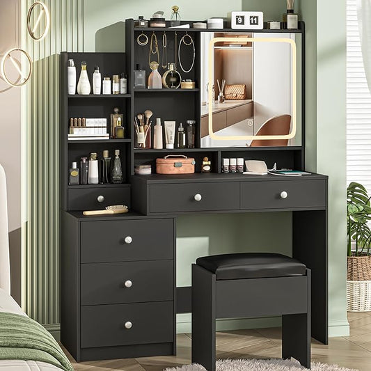 Vabches Makeup Vanity with LED Lights Mirror and Charging Station, Vanity Desk with Multiple Shelves and Drawers, Makeup Desk with Stool, Dressing Desk with 3 LED Light Models for Bedroom, Black