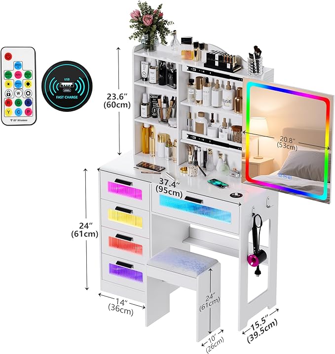 LED Vanity with Sliding Mirror, Smart Makeup Table with 5 Drawers 6 Shelves, Make Up Vanity Desk with Charging Station 14 Color Lighting Modes, Cushioned Stool, USB Type-C for Bedroom White
