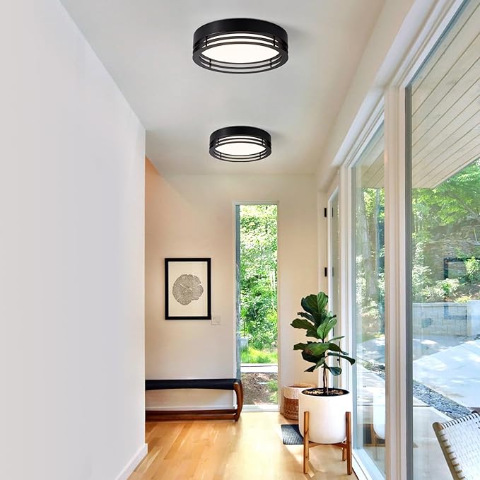 Dimmable Black Flush Mount Ceiling Light, Modern Round LED Ceiling Lights Fixture, Kitchen Flushmount Light for Bedroom Hallway Laundry Room 2700 K-6000 K 5CCT