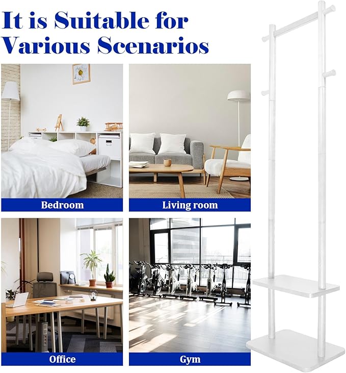 Wooden Coat Rack Stand,Heavy Duty Garment Rack with Shelves,Freestanding Clothes Rack Organizer for Entryway Bedroom Living Room(White)