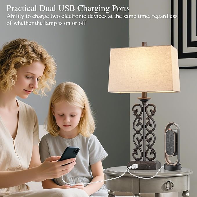 25" Set of 2 Touch Modern Resin Table Lamps for Living Room with Dual USB Ports, 3-Way Dimmable Rustic Bedside Lamps, Farmhouse Nightstand Lamp for Bedroom Office Decor, 2 Bulbs Included