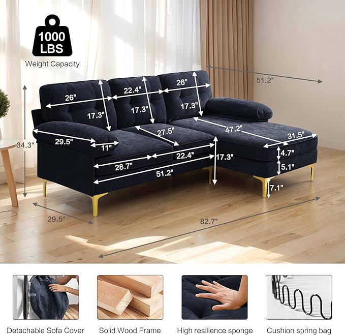 EASELAND 82" L-Shape Sofa with Reversible Chaise Lounge, Convertible Sectional Sofa Couch, Chenille Modern Sofa Couch for Living Room, Apartment and Office, Removable Cover (Dark Blue)