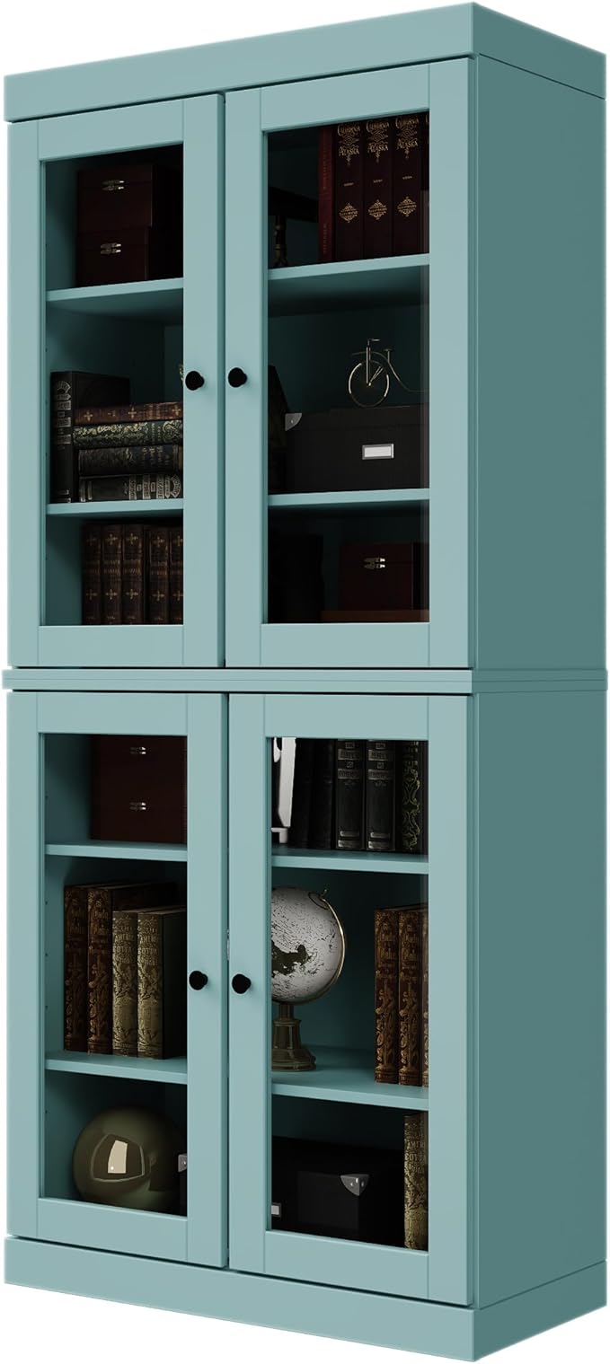 Palace Imports Solid Wood Bookcase - 6-Tier Tall Bookshelf, 71.5” H x 32” W - Aqua, Clear Glass Cabinet Doors & Adjustable Shelves for Living Room, 100% Renewable Eco-Friendly Wood, Made in Brazil