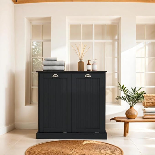 Tilt Out Laundry Hamper Cabinet with Removable Basket, Double Hidden Laundry Hamper Cabinet, Wood Bathroom Storage Cabinet, Free Standing Home Organizer, (Black)