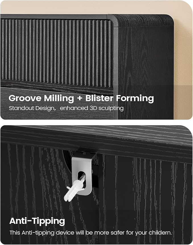 AOGLLATI Mid Century Modern 5 Drawer Dresser for Bedroom, 45" Tall Wood Fluted Dressers & Chests of Drawers with Curved Profile Design for Bedroom,Black