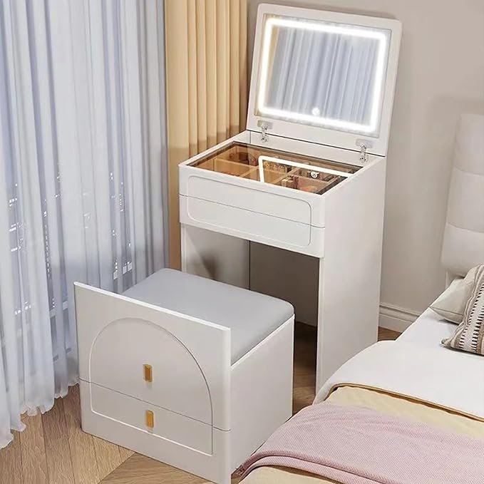 Compact Vanity Desk with Mirror, 3 in 1, Corner, Small Makeup with Stool, Flip Over Vanity Desk with Four Storage Areas and LED Mirror Light (White, 19.7in)