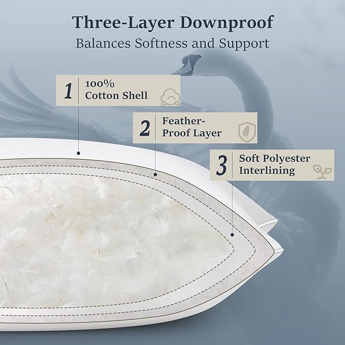COZSINOOR Goose Feather Pillows King Size - Set of 2, Hotel Down Bed Pillow for Sleeping, Soft 600 TC Cotton Cover, Fluffy Support Surround Fill Down Alternative for Back, Stomach, Side Sleepers