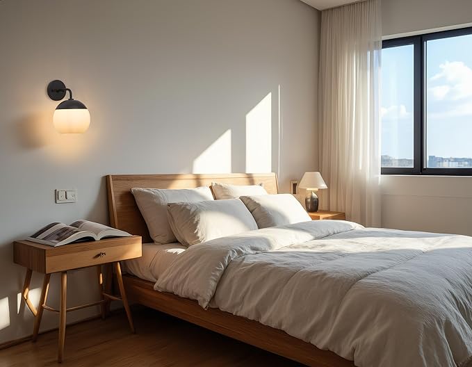 Modern Wall Sconce with Frosted Glass Globe Lampshade, Metal Base Industrial Wall Light Fixture, Indoor Wall Mounted Lamp for Vanity Bathroom Bedroom Living Room