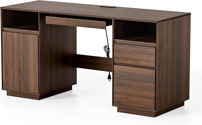 59" Office Desk, Farmhouse Wide Home Executive Desk with File Drawer & Open Storage & Power Outlet, Wooden Computer Desk for Study Writing, Brown