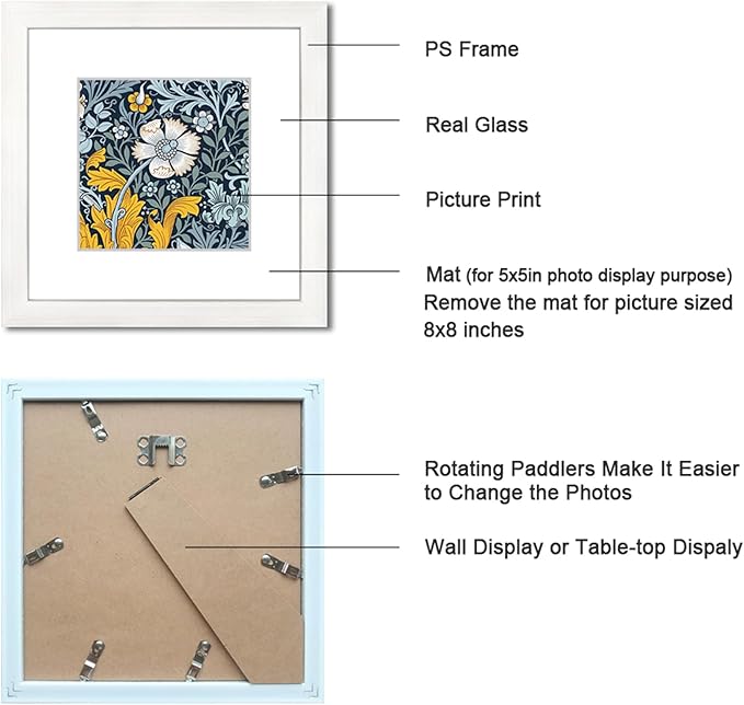 8x8 Picture Frame Set of 9 for Pictures 5x5 with Mat or 8x8 Without Mat, Wall Gallery or Tabletop display Photo Frames in White