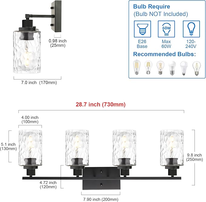 MELUCEE Wall Light Fixture, 4-Light Black Bathroom Vanity Light Over Mirror with Clear Hammered Glass, Modern Wall Sconces Lamp for Powder Room Bedroom Kitchen Porch (Patent No.: US D963914 S)