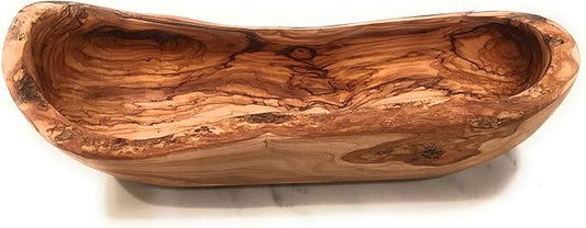 14" Rustic Olive Wood Bread Basket- Live Bark Edge, Oval Baguette Dough Bowl Natural Serving Bowl for Italian Bread, Fruit, Food. In Med 14", Lg 18" (Medium 14 x 3-4 x 1.5-3")