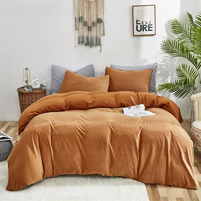 Luxlovery Velvet Comforter Set King Pumpkin Rust Flannel Bedding Set Terracotta Plush Fluffy Blanket Quilts 3 Piece Sherpa Micromink Rust Orange Bedding Comforter Set for Women Men