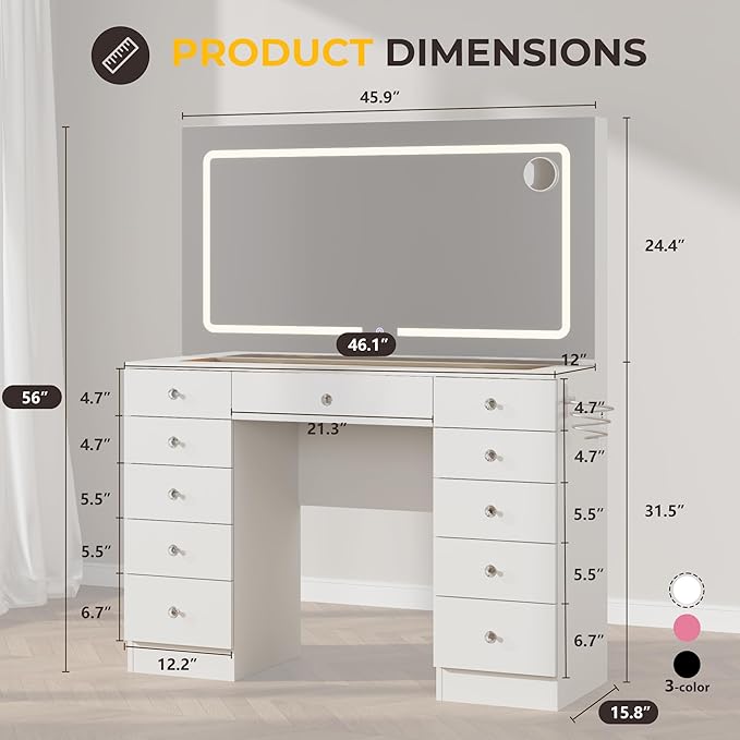 White Makeup Vanity, 11 Drawers Vanity Mirror with Lights, Makeup Vanity Desk with 3 Lighting Modes Adjustable Brightness, Vanity with Glass Top for Bedroom