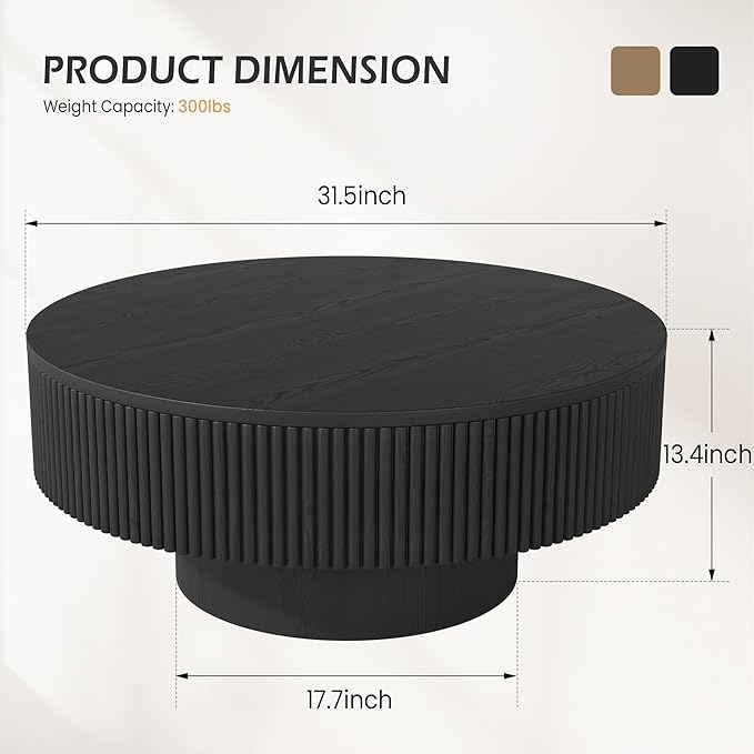 31.5” Round Fluted Coffee Table, Modern Wood Circle Coffee Table, Veneer Handcrafted Relief Tea Table with Sturdy Pedestal for Living Room，Easy Assembly - Black