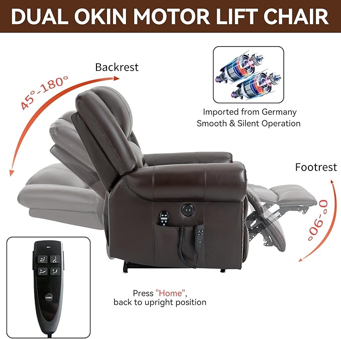 Dual Motor Power Lift Chair, Lay Flat Recliner Chair, Electric Recliner with Massage and Heat for Elderly, Remote Control, Infinite Position, Standing Assistance, USB Ports, Genuine Leather, Brown
