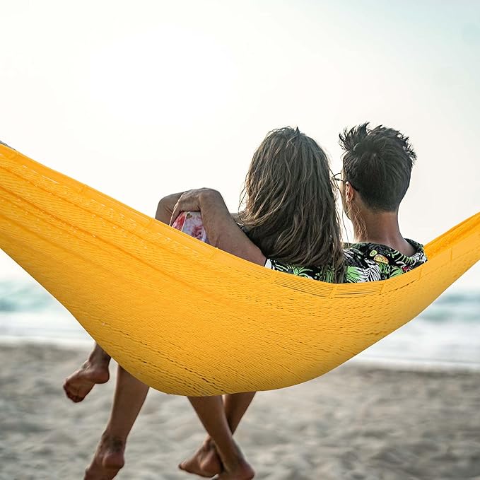 Lazy Daze Hammocks Handwoven Mayan Hammock, 10.5 FT Soft Rope Double Hammocks, Portable Outdoor Hammock with Carry Bag, 2 Straps & carabiners for Patio Outside, 550 lbs Weight Capacity, Yellow