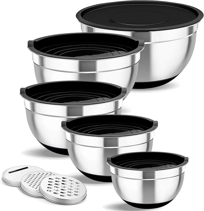 TeamFar Mixing Bowls Set of 5, Stainless Steel Nesting Salad Bowl with Lid & 3 Grater Attachments for Salad Mixing/Food Storage, Healthy, Airtight Lid & Non-slip Bottom - 4.6/3.5/2.5/1.5/1 QT