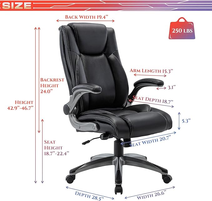 COLAMY Ergonomic Office Chair, High Back Leather Desk Chair with Adjustable Lumbar Knob, Thick Cushion Seat, Flip-up Armrests, Rocking Function, Computer Chair for Home Office, Black