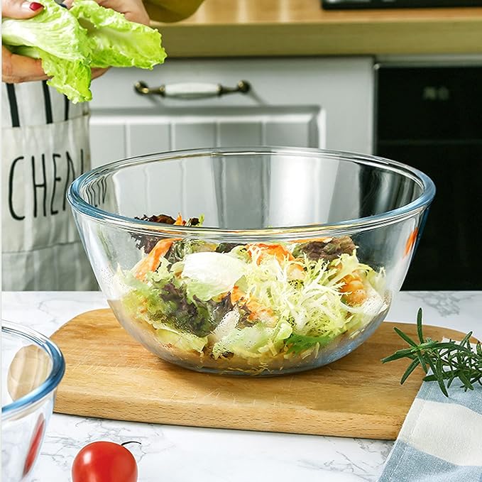 Glass Mixing Bowl Set of 3 for Kitchen, Baking, Prepping, Serving, Cooking 1.1QT, 2.5QT, 4.2QT Large Salad Bowl Set, High Brosilicate Bowl Set, Stackable, Non-toxic, Microwavable, Great Gift