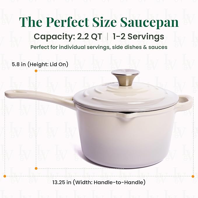 Larder & Vine Enameled Cast Iron Saucepan | 2.2 qt Sauce Pan with Lid | Saucepan with Pour Spouts | Enameled Cast Iron Pot Compatible on All Cooktops & Oven Safe to 500° F | Stone