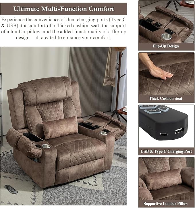 Big Man Power Lift Recliner for Elderly Adults 28 Inch Wide Seat, Lay Flat Lift Chair with Heat Massage, Flip Arm Storage Cup Holders, USB Type C Charging, 400 lbs