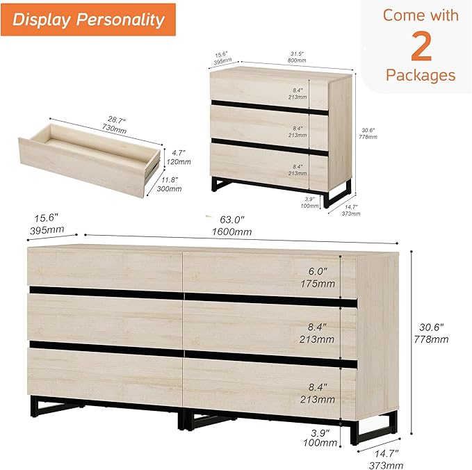 WAMPAT Dresser for Bedroom, Closet Organizers and Storage with 6 Drawers, Chest of Drawers with Metal Base, Modern Wood Dresser for Living Room, Bedroom,Light Oak