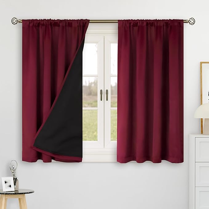 BGment Burgundy Red 100% Blackout 48 Inch Curtains for Small Window, Rod Pocket and Back Tab Double Layer Black Out Thermal Insulated Room Darkening Curtain for Kitchen, 2 Panels, Each 42 x 48 Inch