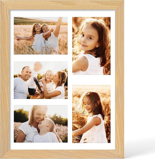 Solid Oak Wood Frame - 11x14 Natural Wooden Picture Frames with Real Tempered Glass,5 Opening 4x6 with Mat or 11x14 Without Mat for Wall Decor Art Photo(Color Natural)