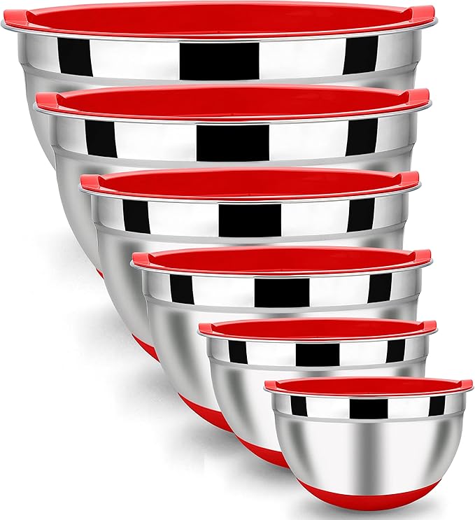 LIANYU Mixing Bowls Set of 6 with Airtight Lids, Size 7, 3.5, 2.5, 2, 1.5, 1QT Large Metal Stainless Steel Nesting Bowls for Cooking, Baking, Food Storage, Non-slip Bottom, Red