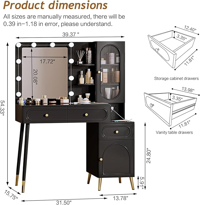 Vanity Desk with Mirror and Lights, with Power Outlet and 10 Lights Modern Capacity Makeup Vanity with 3 Drawers, Makeup Table for Bedroom,Makeup Room,Black