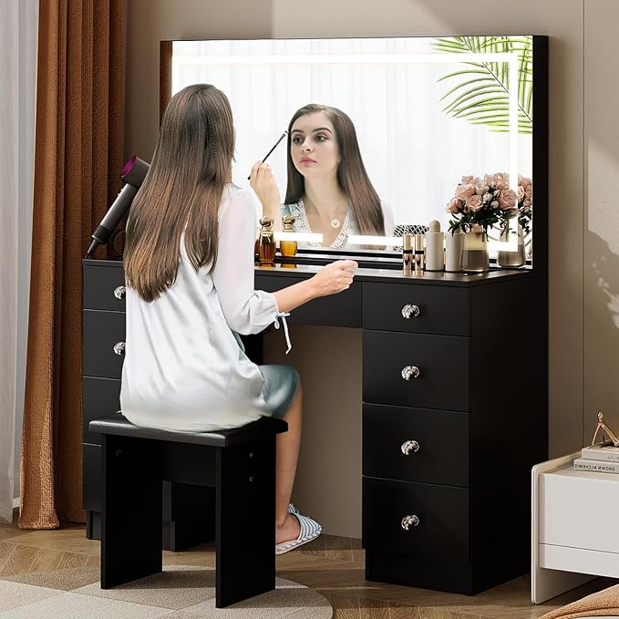 VOWNER Vanity with Lighted Mirror - 47" Glass Top Makeup Vanity Desk with 9 Drawers and Power Outlet, 3 Color Lighting Modes Adjustable Brightness, Makeup Desk with Cushioned Stool for Bedroom, Black