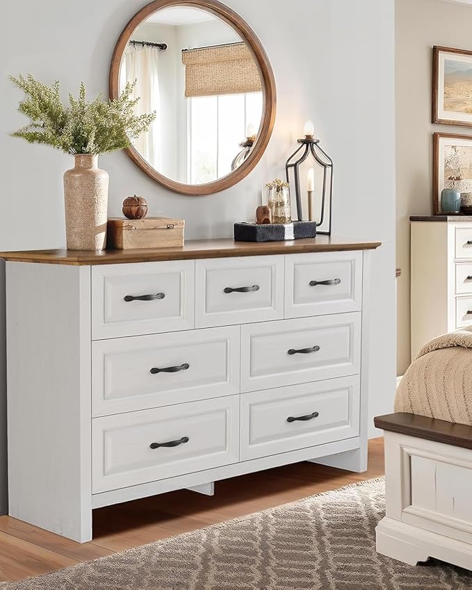 Pipishell White 7 Drawers Dresser for Bedroom, 47" Wide Wood Rustic Chest of Drawers with Bar Handles, Farmhouse Storage Dressers Organizer for Bedroom, Living Room, Hallway, Brown & White