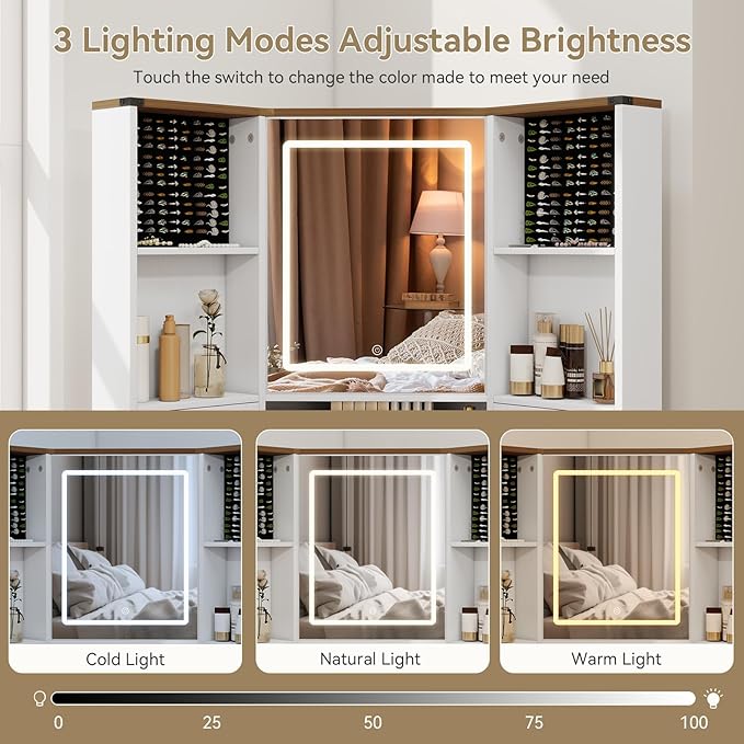 ARTETHYS Corner Vanity Desk with Mirror and Lights Makeup Table with Storage Large Farmhouse Vanity Sets with Drawers for Women, White