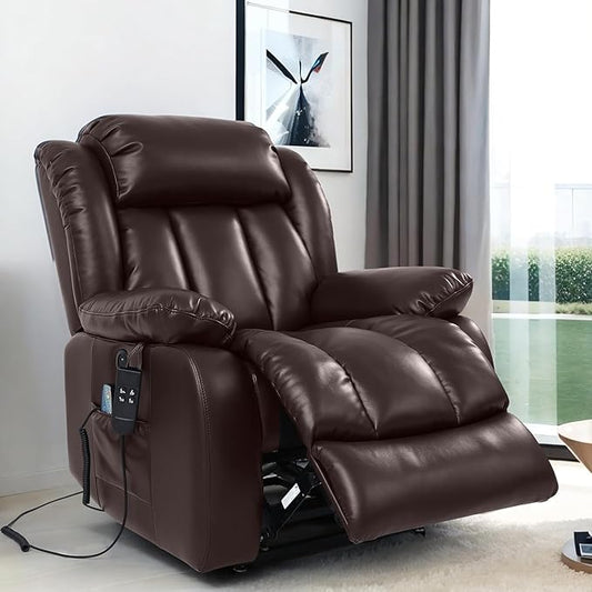 TEKAMON Dual Motor Power Lift Recliner Chair for Elderly, Breathable Leather Recliner with Heat & Massage, Lay Flat Sleeping Chairs with Infinite Position, Remote Control & USB Ports(Brown)